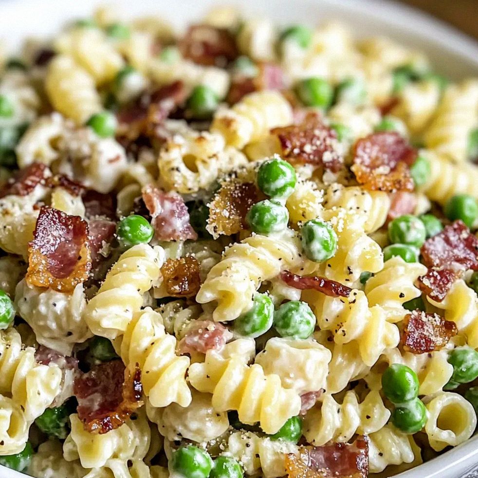 Cremiger Nudelsalat mit Erbsen und Putenspeck genießen – Schritt 2