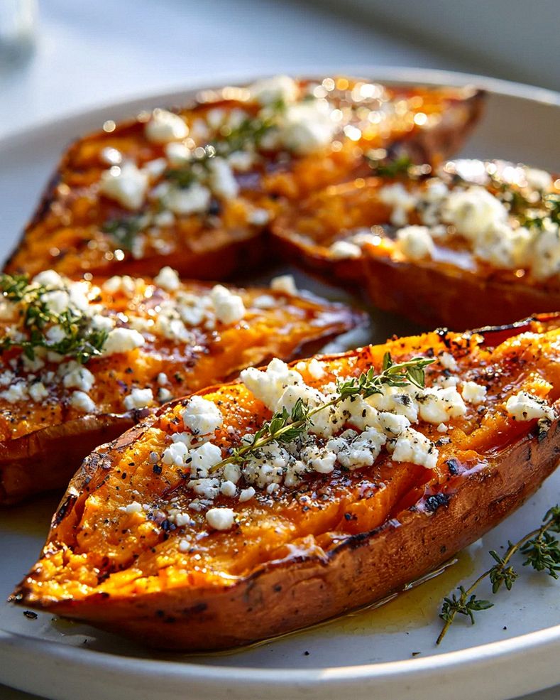 Gebackene Süßkartoffeln mit Honig & Feta – Schnell & lecker!