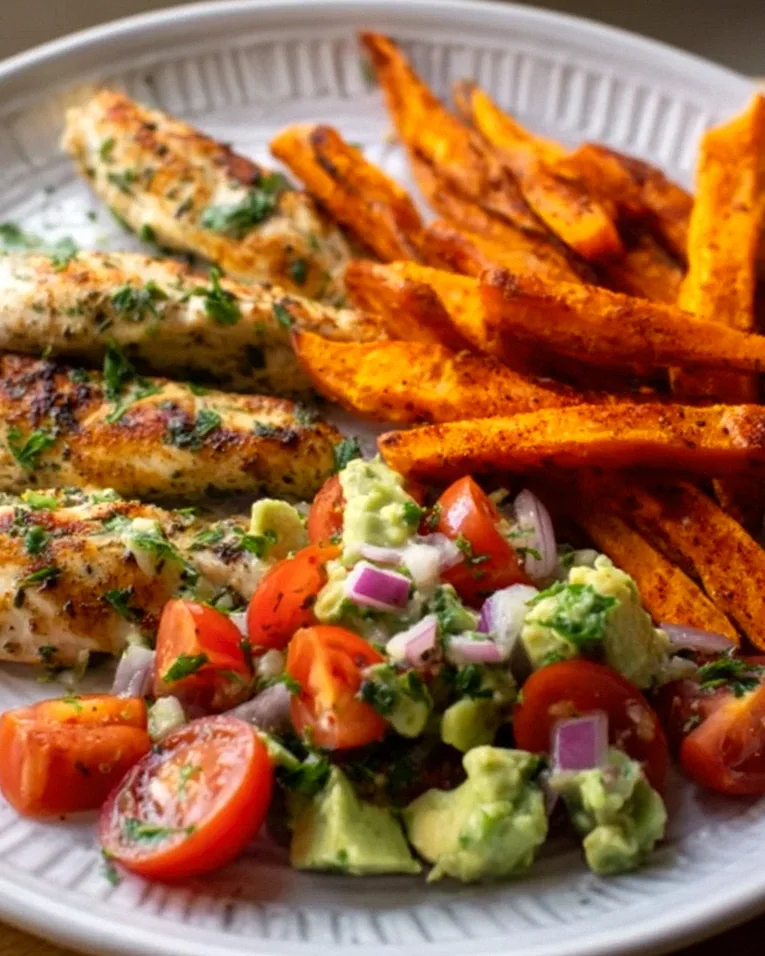 Gegrilltes Kräuterhähnchen mit Süßkartoffel-Pommes & Avocado-Salsa