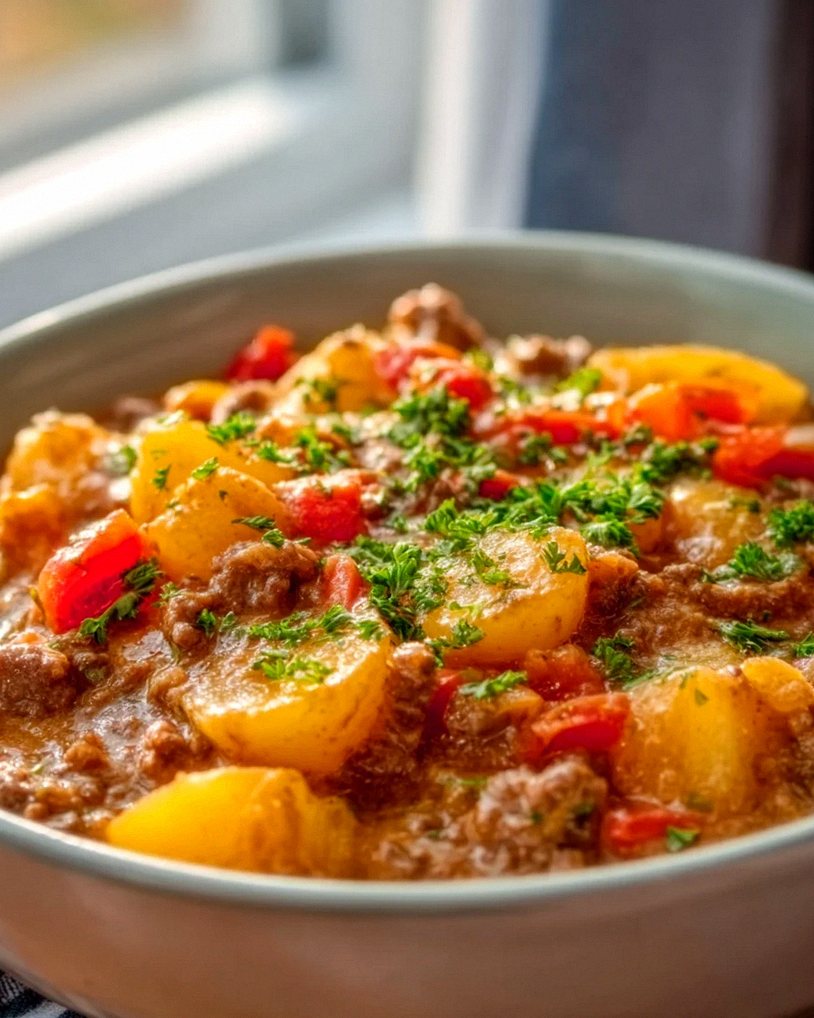 Herzhafter Bauerntopf mit Hackfleisch, Kartoffeln und Paprika