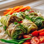 Kohlrouladen Bowl mit Reis und frischem Gemüse genießen!
