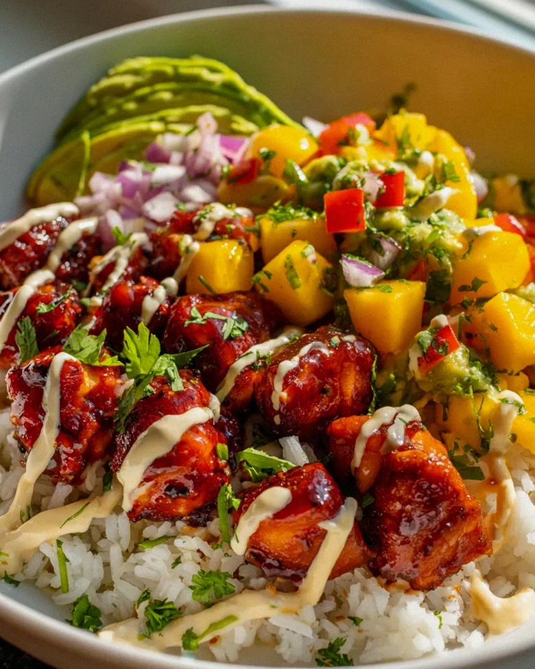 Maple Sriracha Hähnchen mit Kokosreis & Mango-Avocado-Salsa