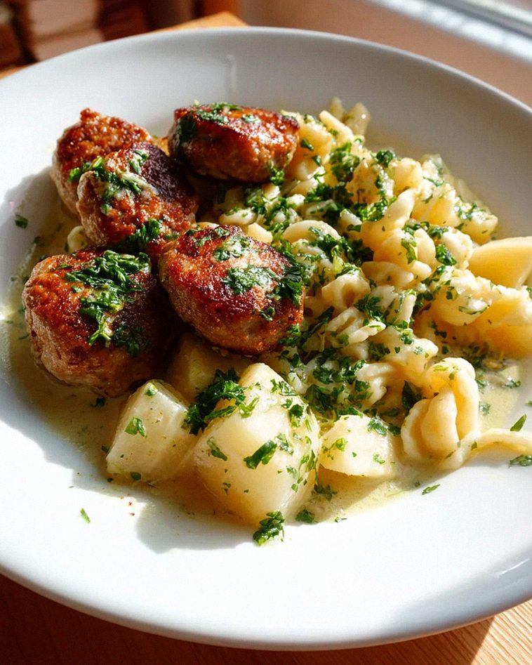 Omas Kohlrabigemüse mit Rinder-Frikadellen und Spätzle