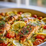 One Pan Lachs Orzo Pfanne mit Zitrone und Dill Rezept