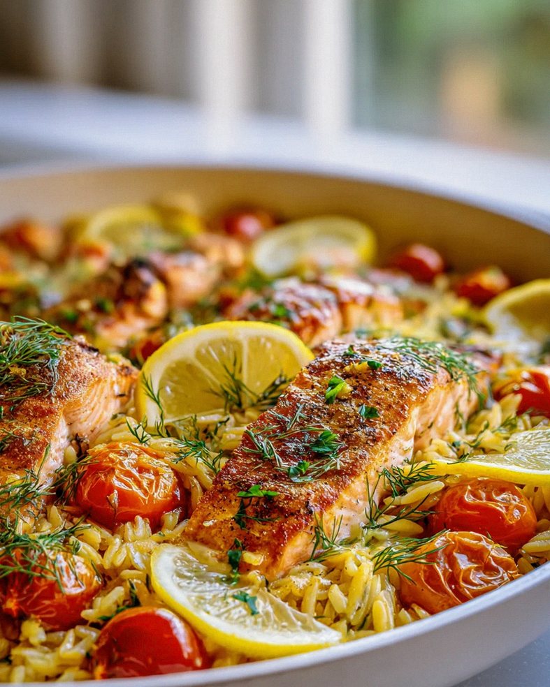 One Pan Lachs Orzo Pfanne mit Zitrone und Dill Rezept