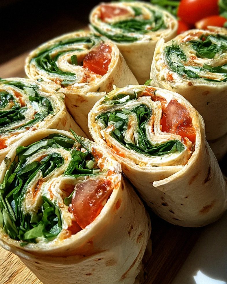 Vegetarische Wrap-Röllchen mit Rucola und Tomaten